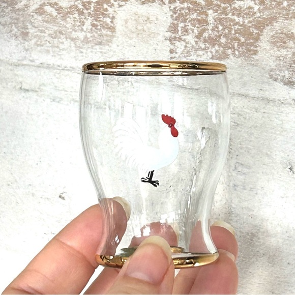 VintageEnamelled Rooster Cordial Shot Glasses Gold Banding Barware Set of Six - Picture 3 of 11